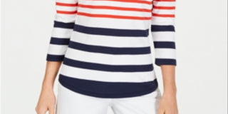 Charter Club Women's Pima Cotton Button Shoulder Striped Top Red Size Petite