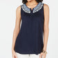 Style & Co Women's Sleeveless Embroidered Top Blue Size Medium