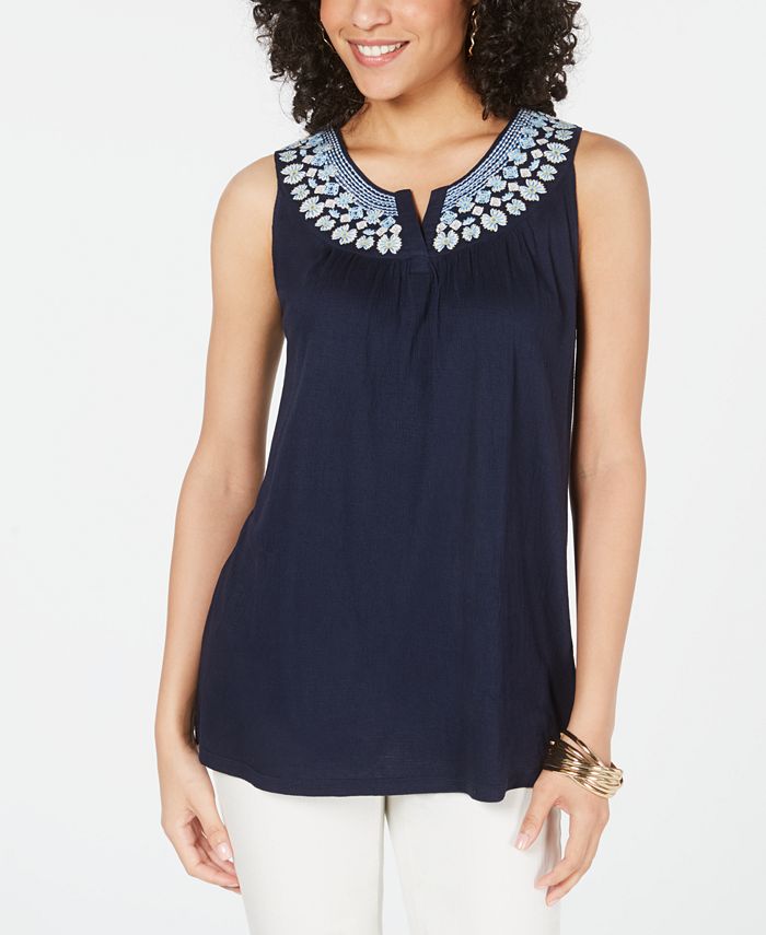 Style & Co Women's Sleeveless Embroidered Top Blue Size Medium