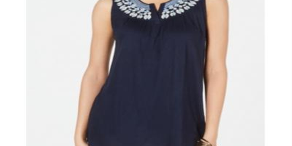 Style & Co Women's Sleeveless Embroidered Top Blue Size Medium
