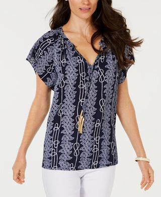 Charter Club Women's Printed Tassel Tie Top Blue Size Small