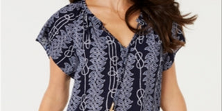 Charter Club Women's Printed Tassel Tie Top Blue Size Small