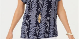 Charter Club Women's Printed Tassel Tie Top Blue Size Small