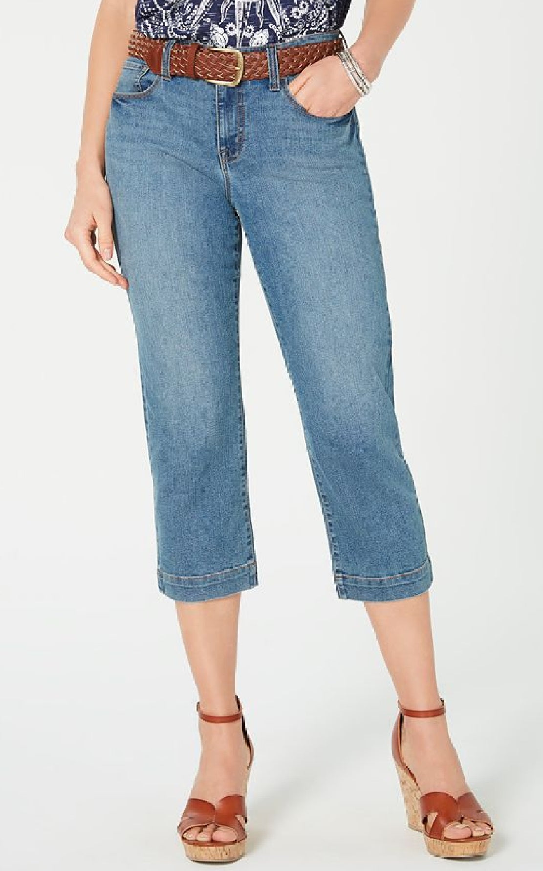 Style & Co Women's Belted Denim Capri Pants Blue Size 14