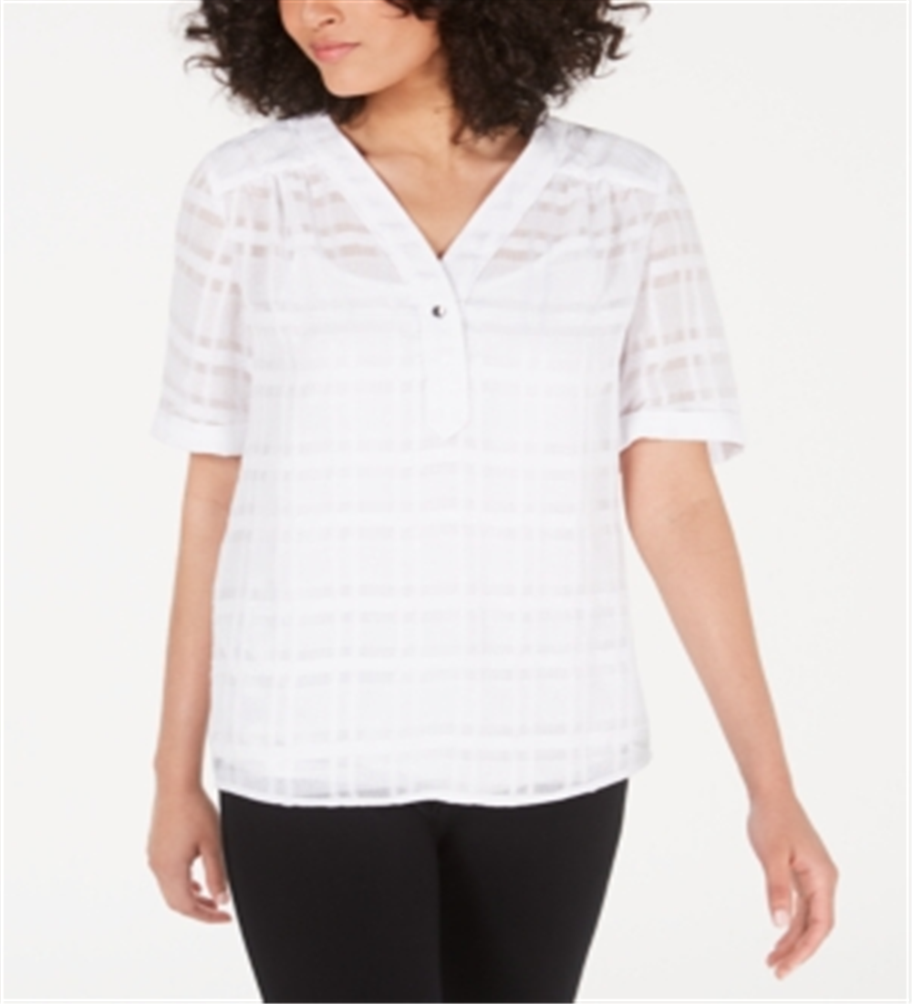 Alfani Women's Plaid V Neck Top White Size Petite Small