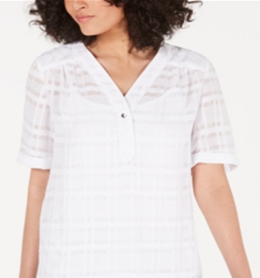 Alfani Women's Plaid V Neck Top White Size Petite Small