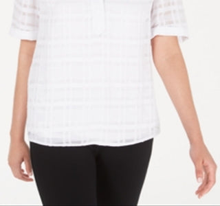 Alfani Women's Plaid V Neck Top White Size Petite Small