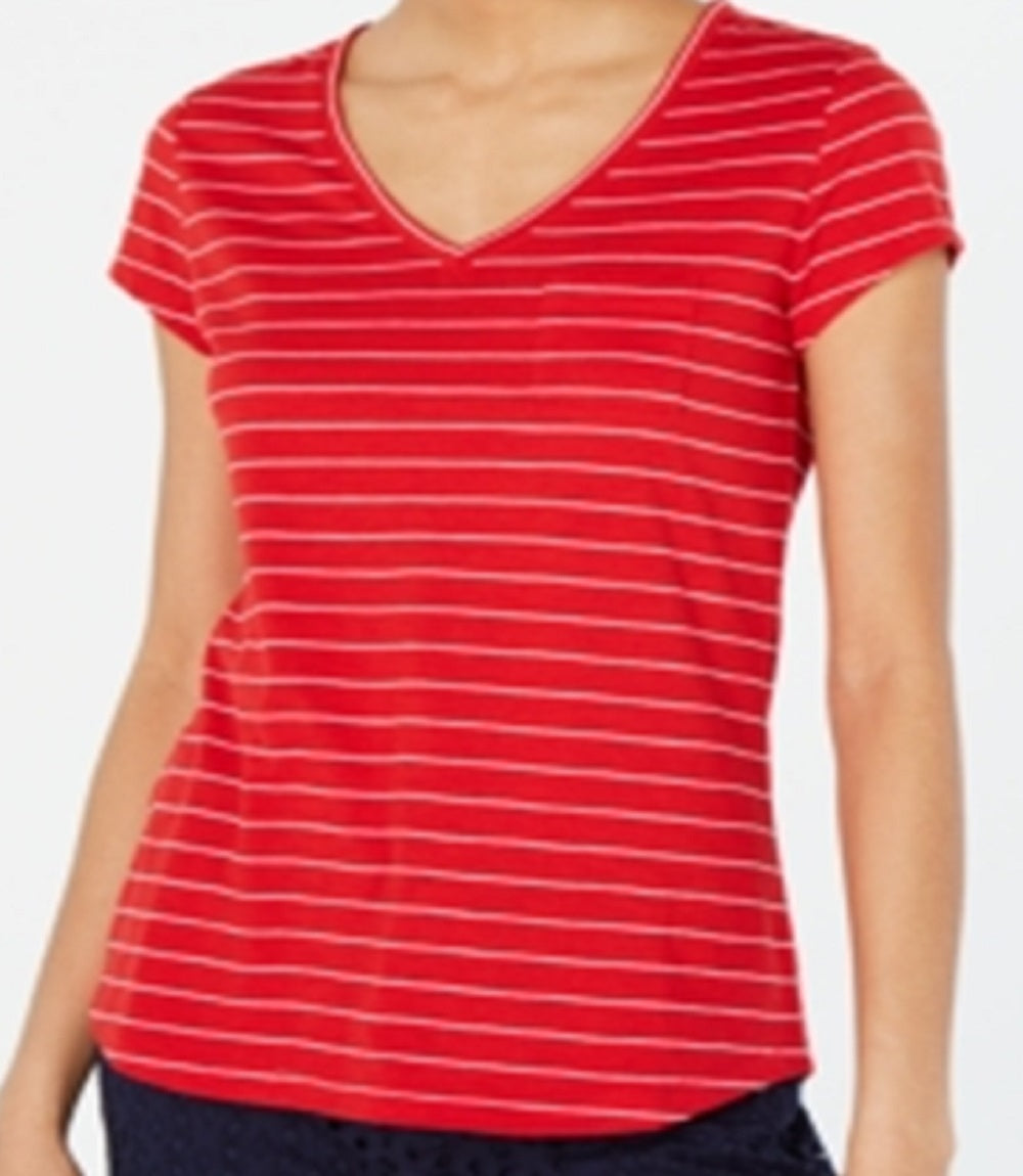 Maison Jules Women's Striped V Neck Top Red Size X-Large
