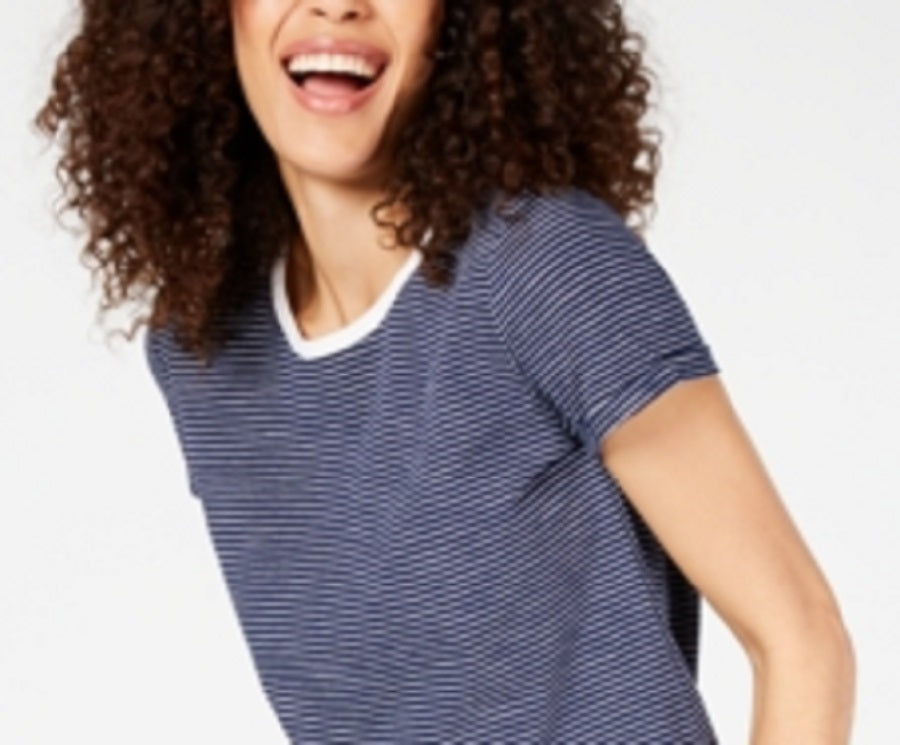 Maison Jules Women's Crewneck Ringer T-Shirt Blue Size Large