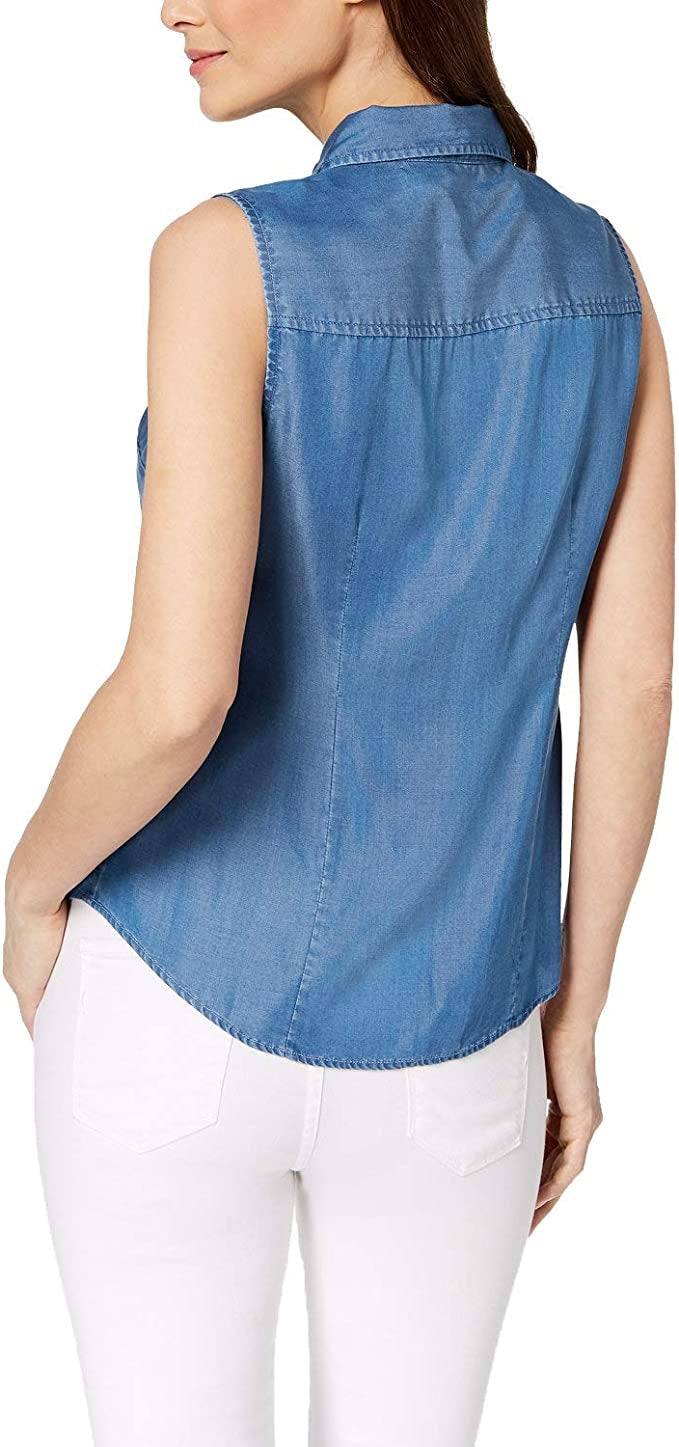 Charter Club Women's Sleeveless Chambray Shirt Blue Size 8