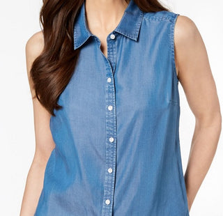 Charter Club Women's Sleeveless Chambray Shirt Blue Size 8