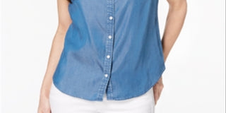 Charter Club Women's Sleeveless Chambray Shirt Blue Size 8