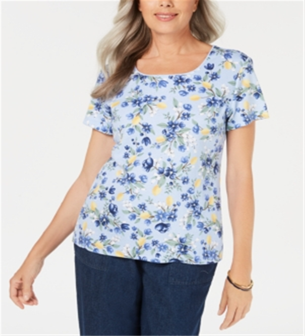 Karen Scott Women's Citrus Craze Floral Print Top Blue Size Petite Small