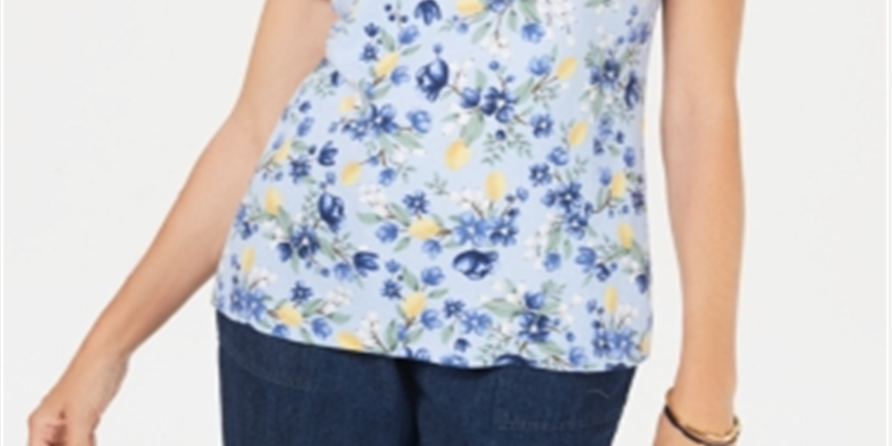 Karen Scott Women's Citrus Craze Floral Print Top Blue Size Petite Small