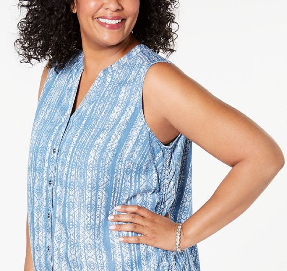 Style & Co Women's Printed Split Neck Tank Top Blue Size 1X