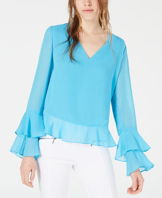 Bar III Women's Turquoise Bell Sleeve V Neck Top Blue Size Small