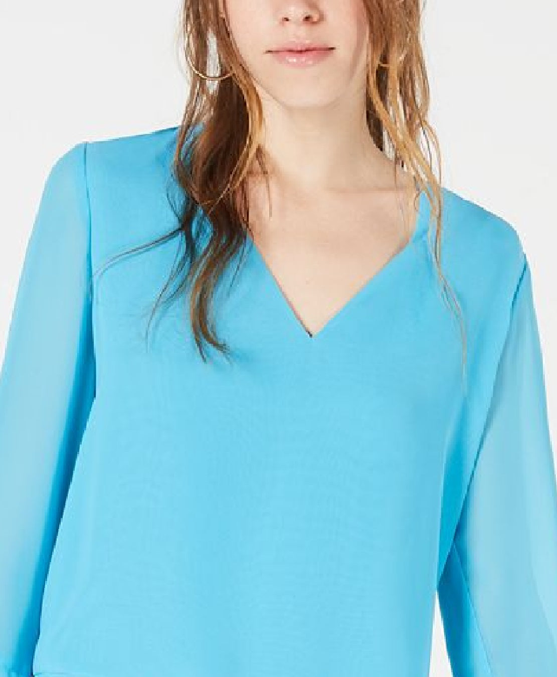 Bar III Women's Turquoise Bell Sleeve V Neck Top Blue Size Small