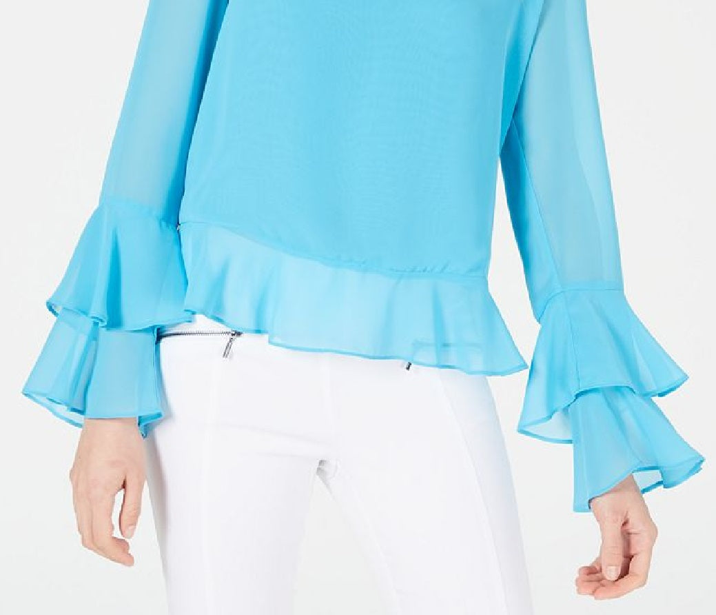 Bar III Women's Turquoise Bell Sleeve V Neck Top Blue Size Small