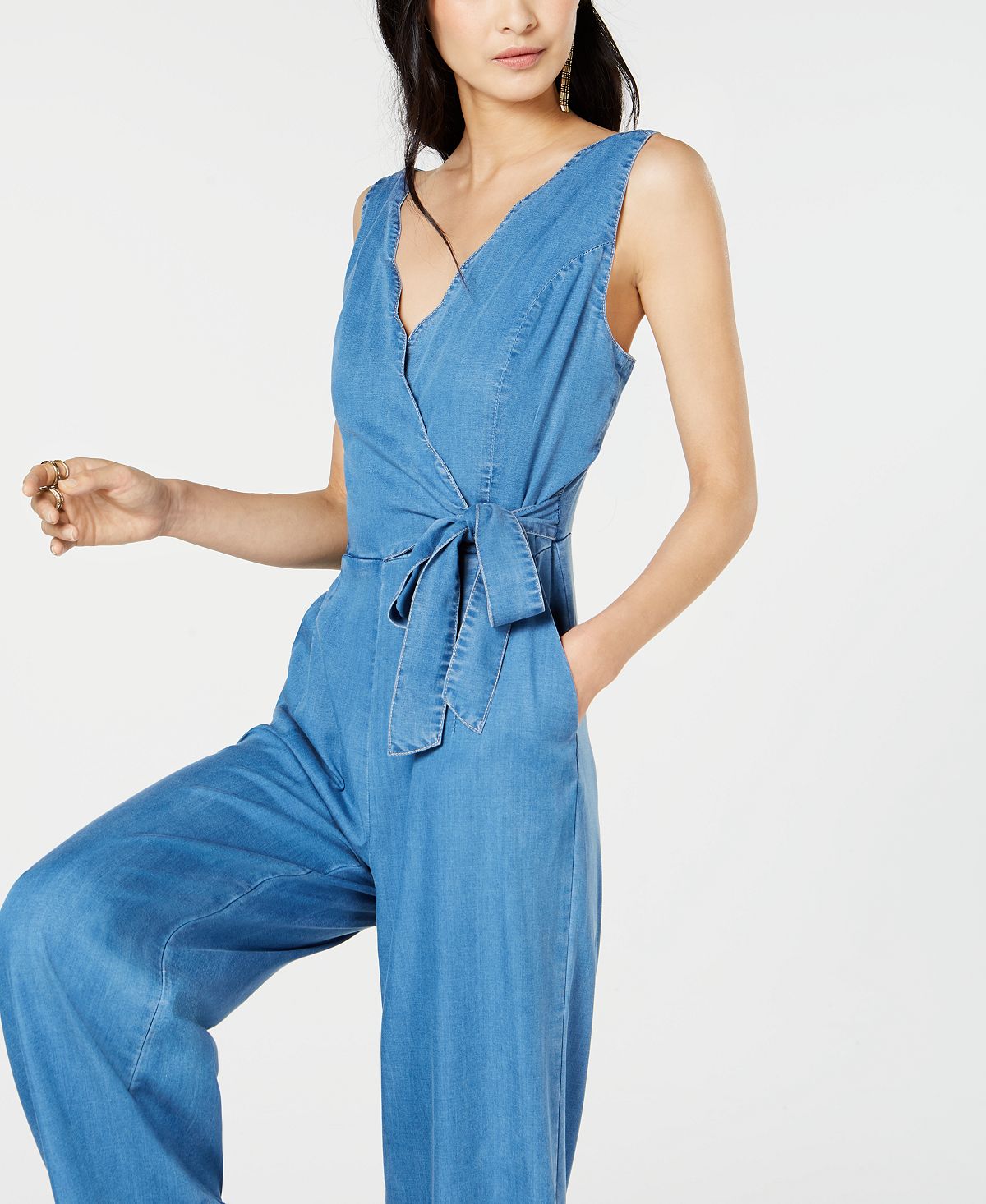 INC International Concepts Women's Scalloped Denim Jumpsuit Blue Size 4 Petite