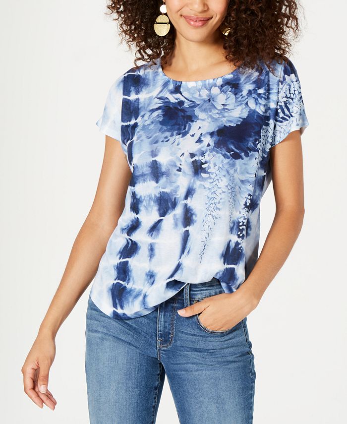Style & Co Women's Floral Print Tie Dyed Top Blue Size Small
