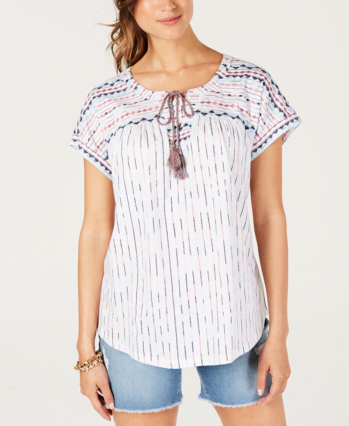 Style & Co Women's Lace up Peasant Top White Size Small