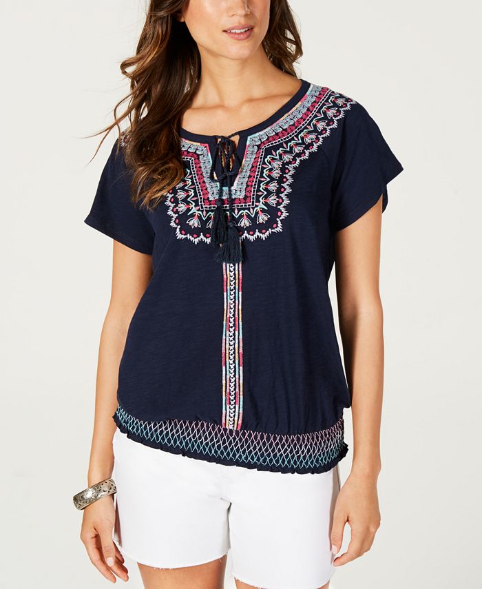 Style & Co Women's Embroidered Peasant Top Blue Size Petite Small