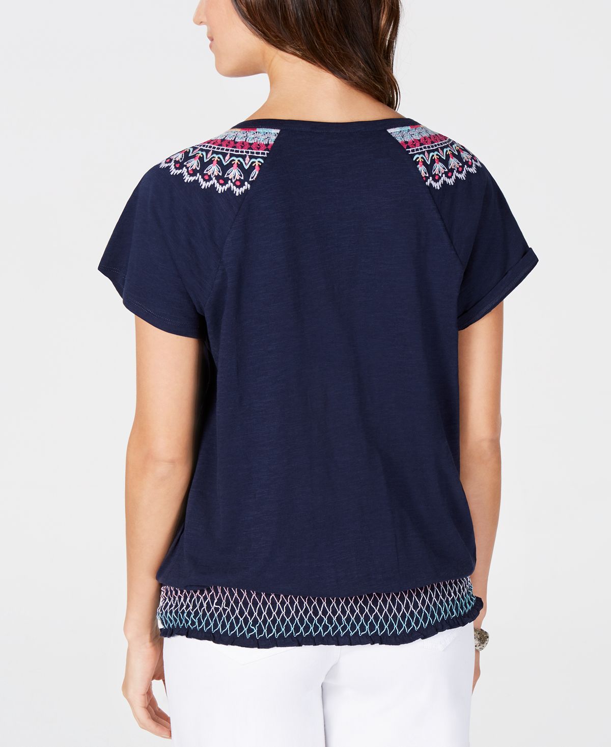 Style & Co Women's Embroidered Peasant Top Blue Size Petite Small