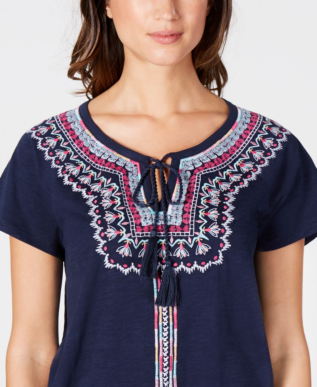 Style & Co Women's Embroidered Peasant Top Blue Size Petite Small