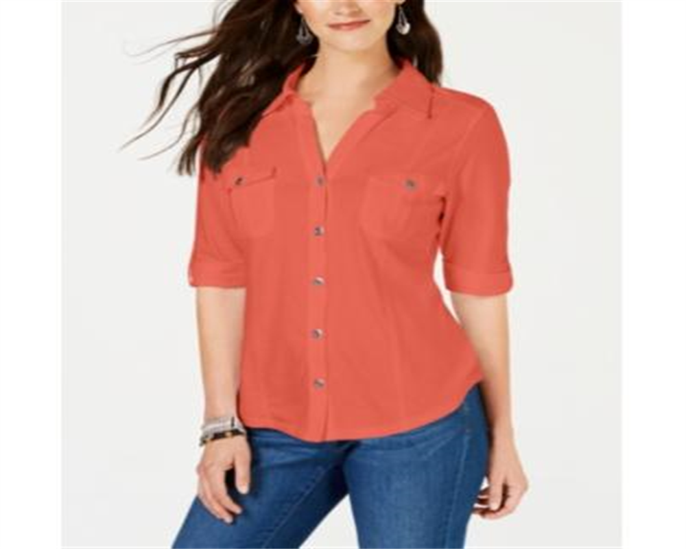 Style & Co Women's Jersey Utility Shirt Red Size Petite