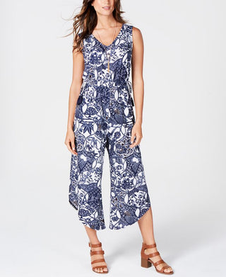 Style & Co Women's Printed Drawstring Waist Jumpsuit Blue Size Large