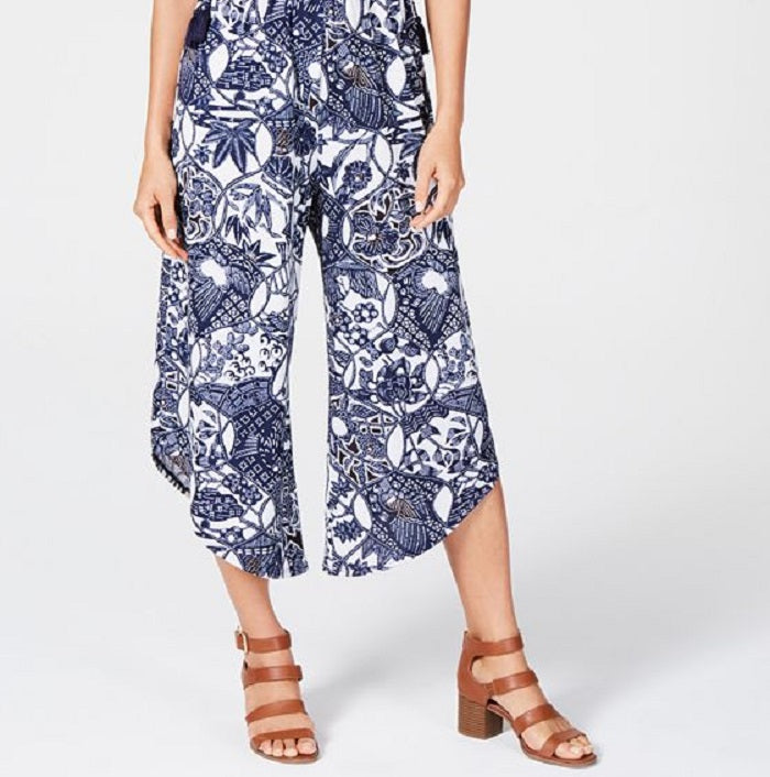 Style & Co Women's Printed Drawstring Waist Jumpsuit Blue Size Large