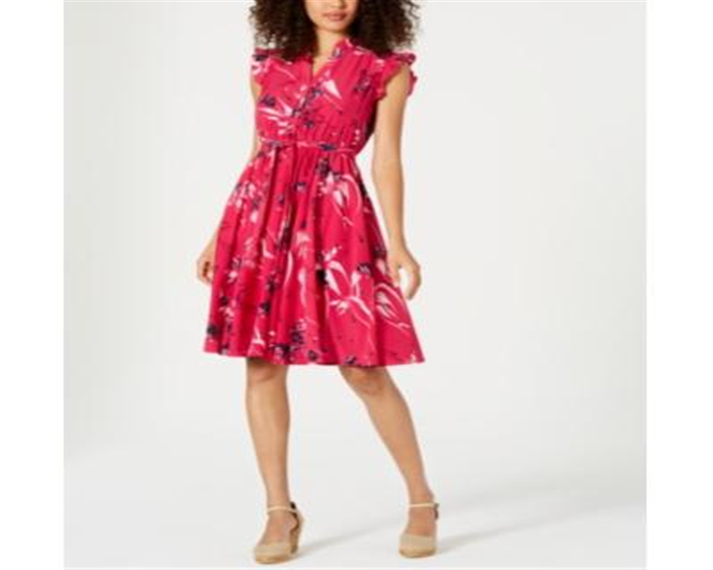 Charter Club Women's Printed Ruffle Sleeve Shirtdress Pink Size 12