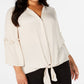 Alfani Women's Tie Hem Lantern Sleeve Top Polished Beige Brown Size 1X