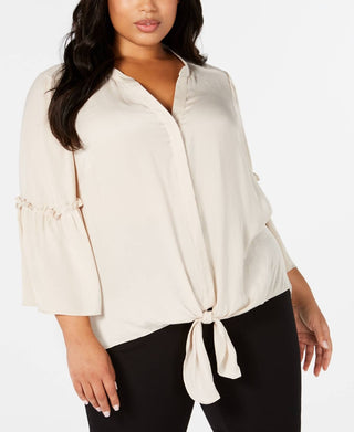 Alfani Women's Tie Hem Lantern Sleeve Top Polished Beige Brown Size 1X