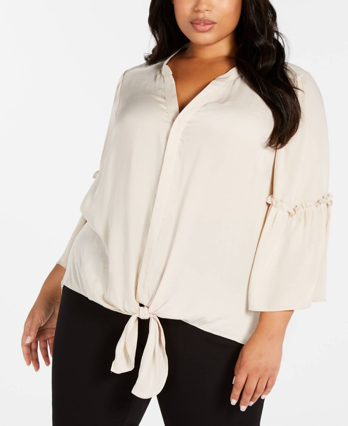 Alfani Women's Tie Hem Lantern Sleeve Top Polished Beige Brown Size 1X
