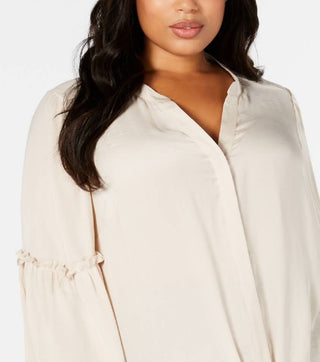 Alfani Women's Tie Hem Lantern Sleeve Top Polished Beige Brown Size 1X