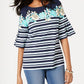Charter Club Women's Printed Bell Sleeve Jewel Neck Top Blue Size Small