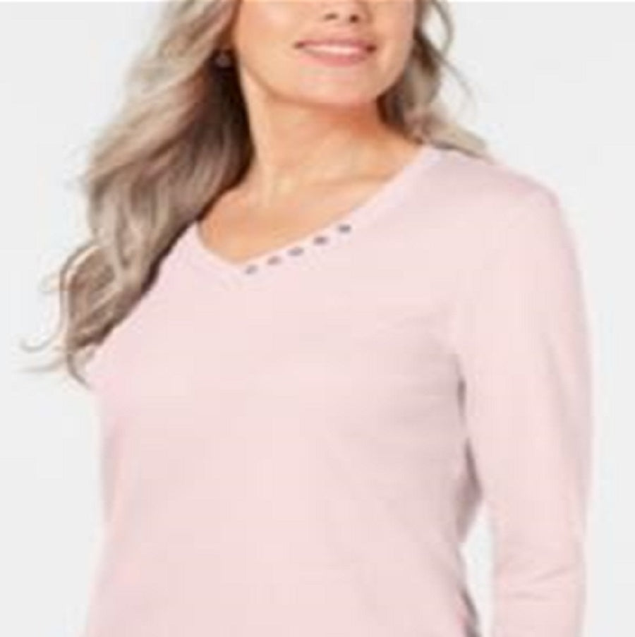 Karen Scott Women's Cotton V Neck Button Trim Top Pink Size Small