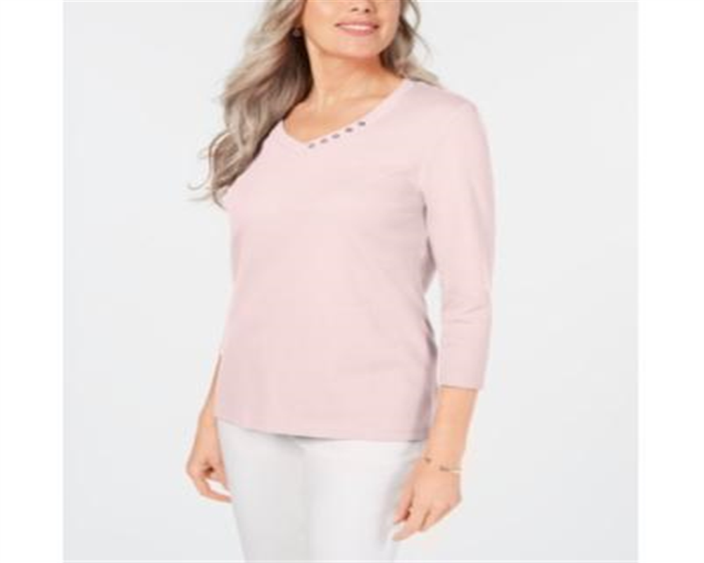 Karen Scott Women's Cotton V Neck Button Trim Top Pink Size Small