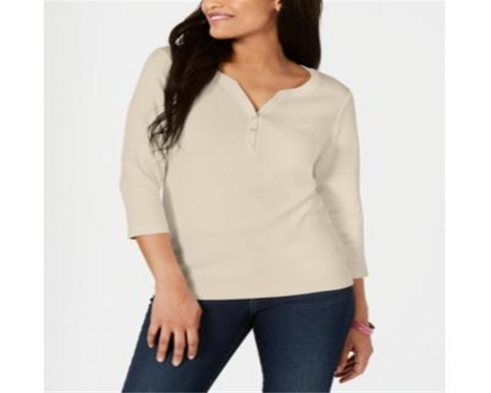 Karen Scott Women's Cotton Henley Top Brown Size Large