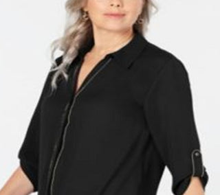 JM Collection Women's Caviar Trim Button up Top Black Size XX-Large