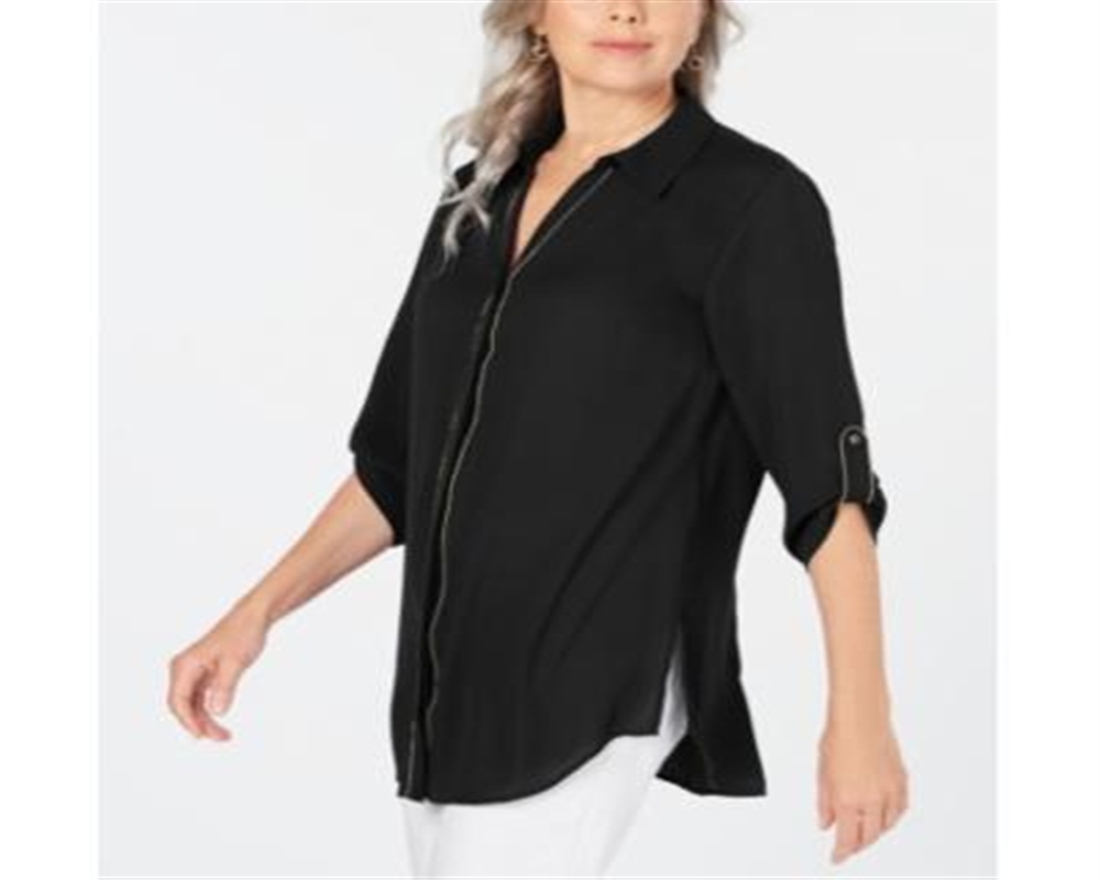 JM Collection Women's Caviar Trim Button up Top Black Size XX-Large