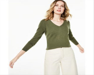 Charter Club Women's V Neck Cashmere Sweater Green Size Medium