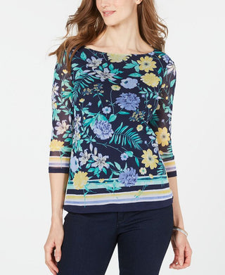 Charter Club Women's Floral Print Boat Neck Top Blue Size X-Large