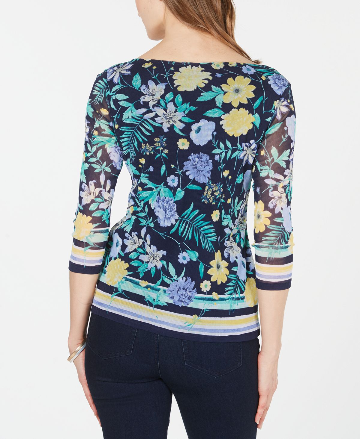 Charter Club Women's Floral Print Boat Neck Top Blue Size X-Large