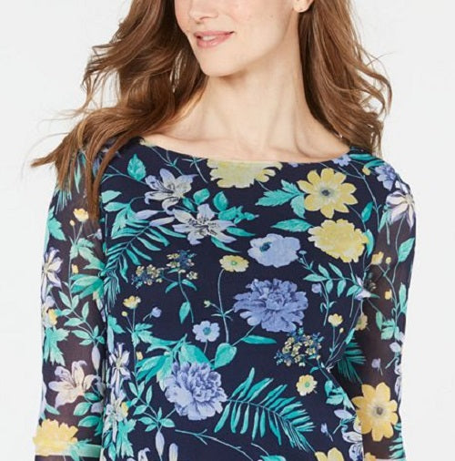 Charter Club Women's Floral Print Boat Neck Top Blue Size X-Large