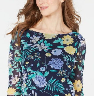 Charter Club Women's Floral Print Boat Neck Top Blue Size X-Large