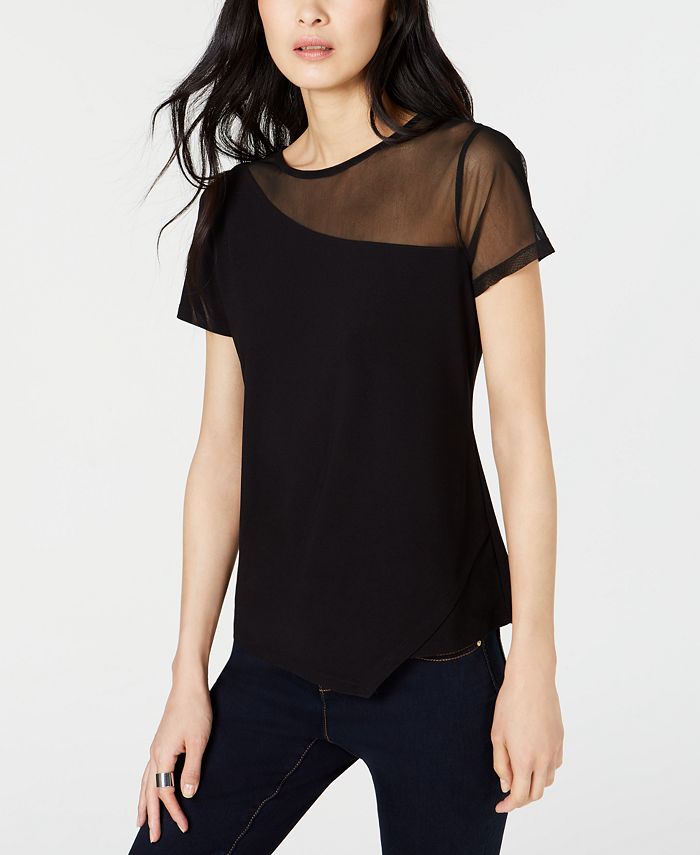 INC International Concepts Women's Illusion Detail T-Shirt Black Size Large