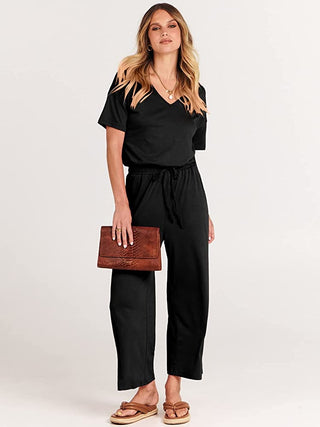 Style & Co Women's Short Sleeve V Neck Blouse Capri Jumpsuit Black Size Petite M