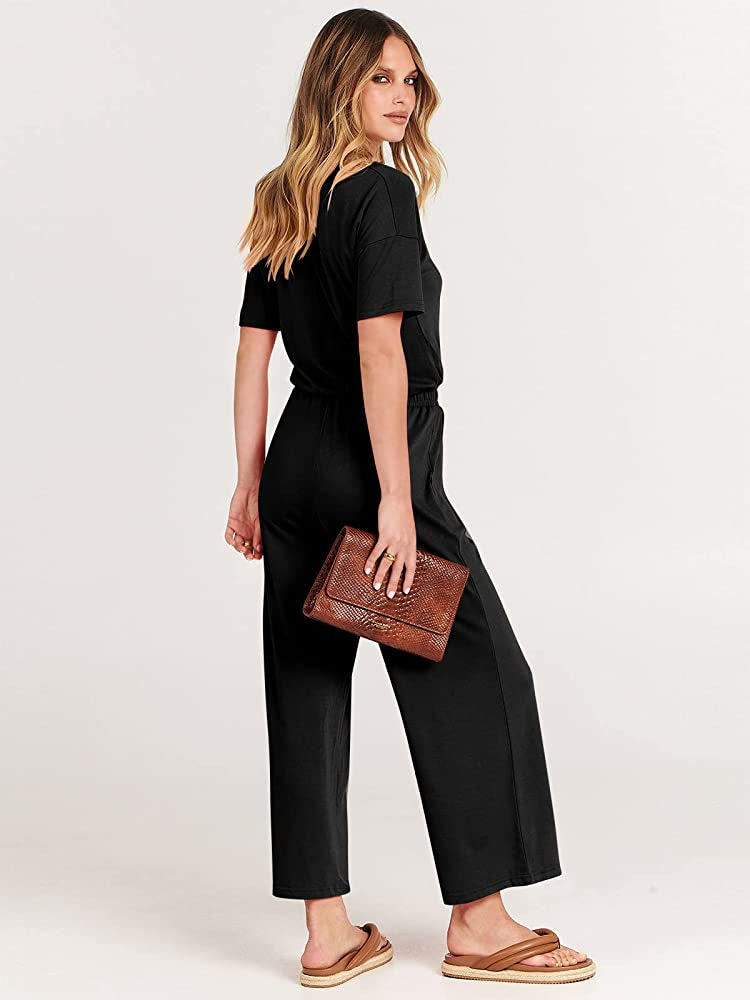 Style & Co Women's Short Sleeve V Neck Blouse Capri Jumpsuit Black Size Petite M
